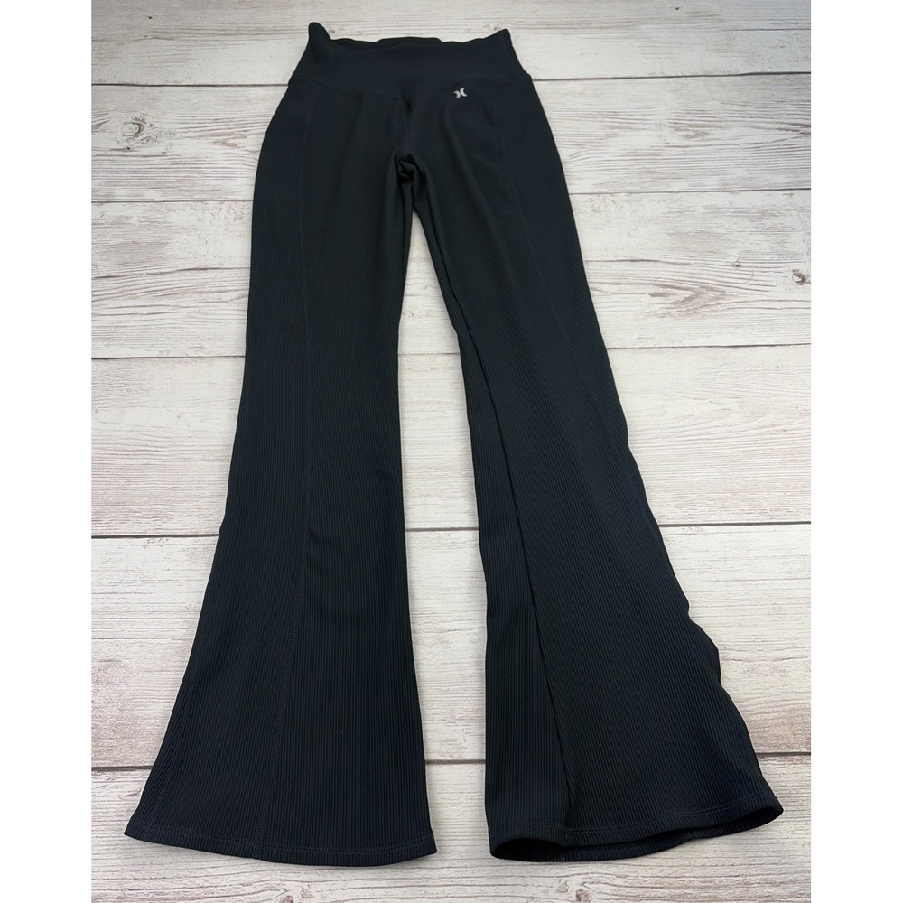 Hurley Women's Black Flare Ribbed Yoga Pants High Waist Workout Leggings Pocket